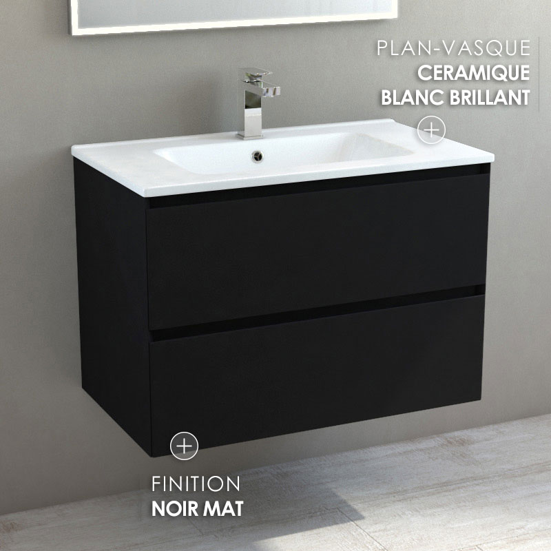 Meuble suspendu 80cm noir mat et plan vasque céramique blanc, One