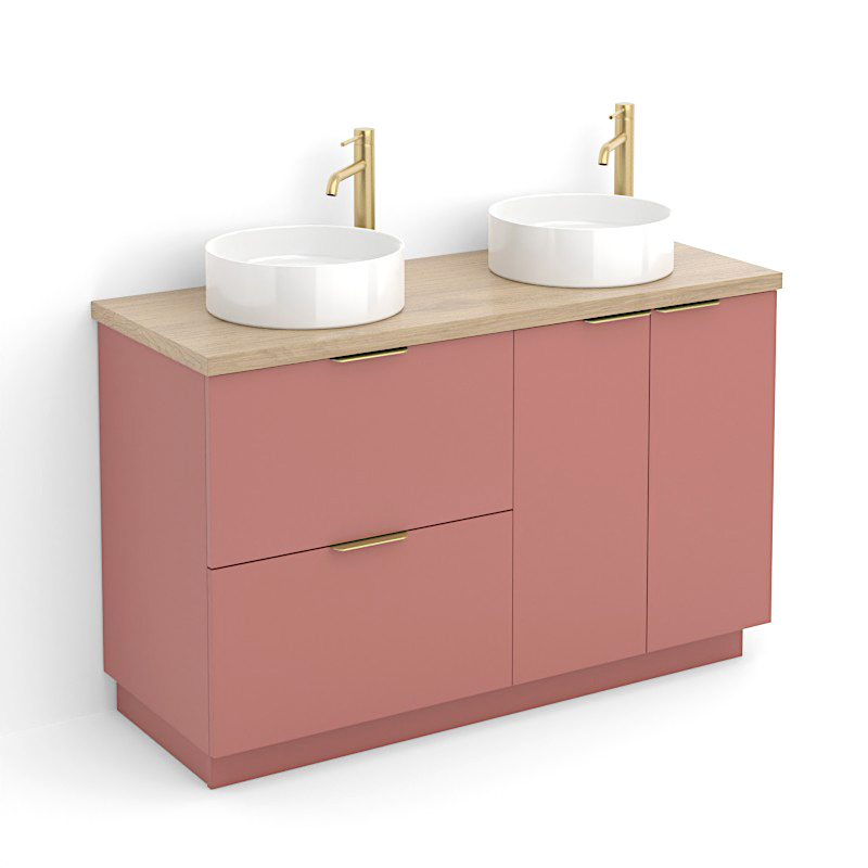 Meuble 120 cm Rouge argile, plan aspect chêne clair, 2 tiroirs et 2 portes Alma