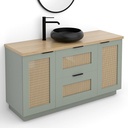Meuble  Cannage en rotin, 140cm, Vert argile, plateau effet chêne clair, Alma