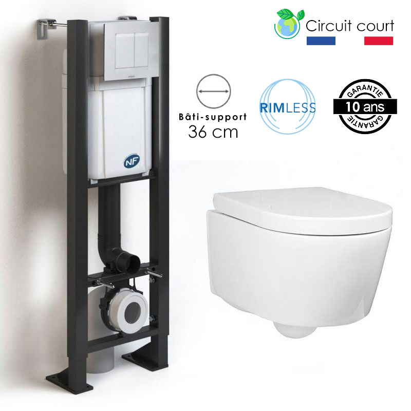 Bâti compact WIRQUIN + Plaque de déclenchement blanche + WC suspendu Alto Rimless - Pack WC suspendu