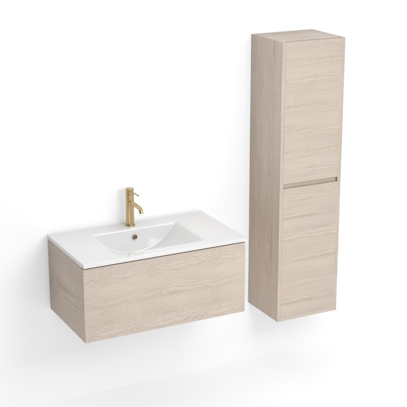 Meuble salle de bains 80cm et colonne assortie fresne clair, Caruso