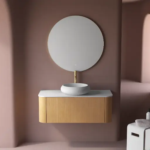 Meuble suspendu 100 cm, chêne miel + plan en résine minérale blanc mat, Anna