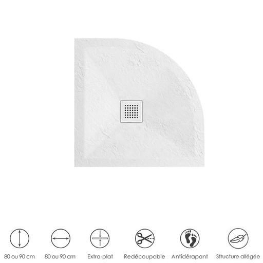 Receveur de douche 1/4 de rond 80 ou 90 cm, grille blanche, Composite Blanc, Fjord