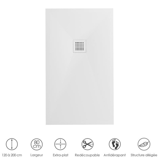 Receveur de douche 80x200 cm. Grille blanche, Solid Surface Blanc, Toscane