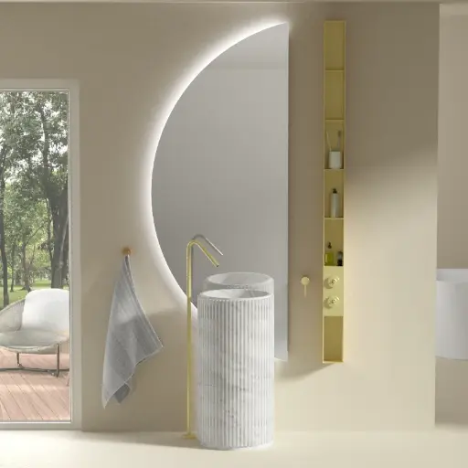 Ensemble lavabo tonneau, robinet au sol, miroir et étagère, marbre blanc et doré brossé, Kanda