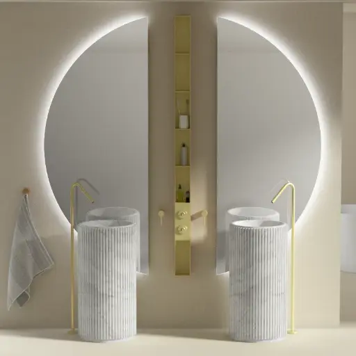Ensemble de 2 lavabos tonneau, 2 robinets au sol, 2 miroirs et 1 étagère, marbre blanc et doré brossé, Kanda