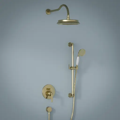 Pack robinet mitigeur douche mural (2 sorties), set de douche et pluie, doré, Liberty