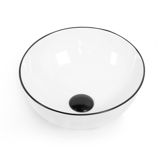 Vasque à poser 41 x 37 cm ronde, céramique, Blanc avec liseré noir, made in France, Fil