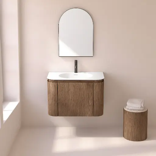 Meuble vasque suspendu cannelé 80 cm, noyer, Solid surface, Grace