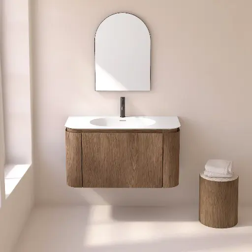 Meuble vasque suspendu cannelé 100 cm, noyer, Solid surface, Grace