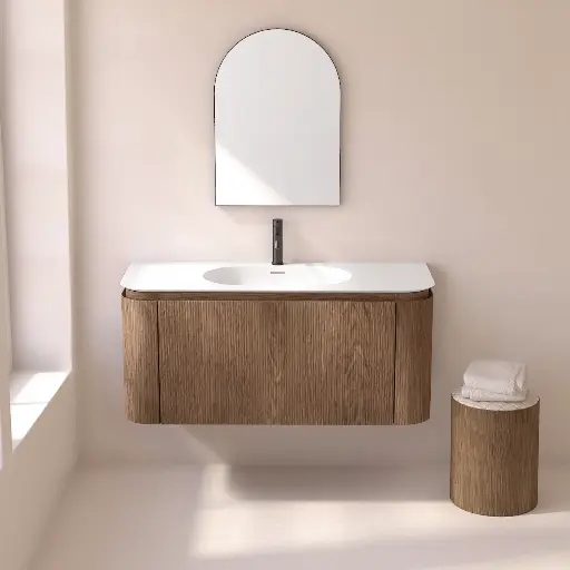Meuble vasque suspendu cannelé 120 cm, noyer, Solid surface, Grace