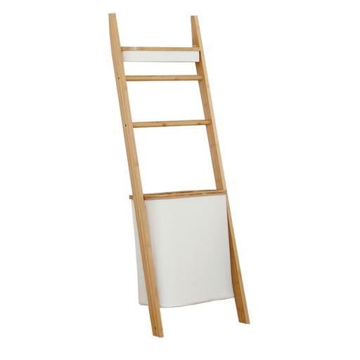 Echelle porte-objets avec panier à linge écru, Bambou