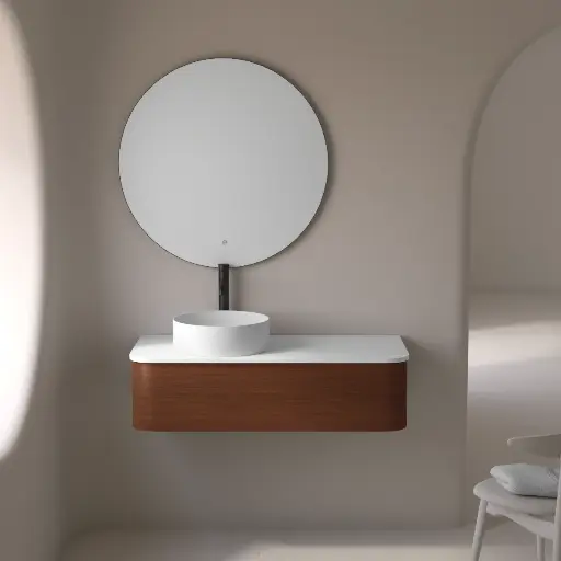 Meuble suspendu 100 cm, bois noyer + plan en résine minérale blanc mat, Layla