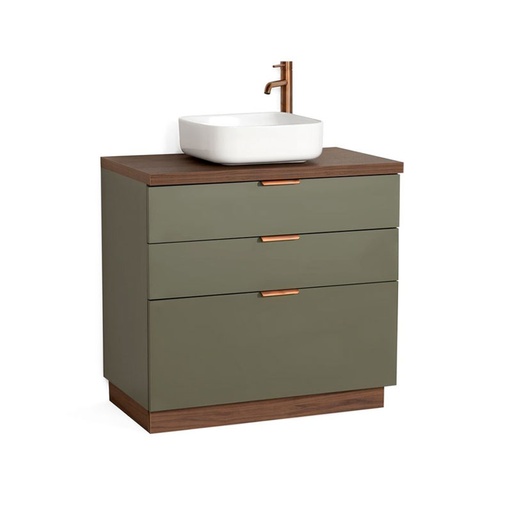 Meuble à poser 80 cm, vert olive et bois noyer avec poignées doré rose brossé, Alma