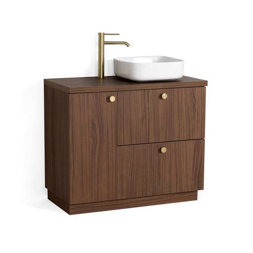 Meuble à poser 90 cm, bois noyer avec poignées doré brossé, Alma