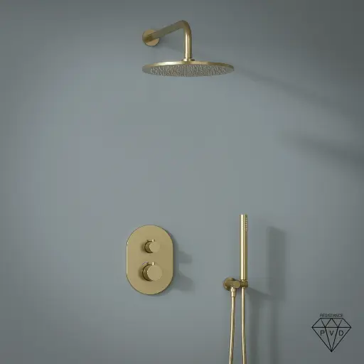 Composition mitigeur de douche thermostatique encastré doré brossé, Châtelet