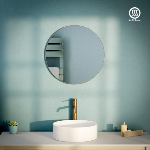 Miroir Ø50 cm rond, antibuée, cadre doré rose brossé, Châtelet