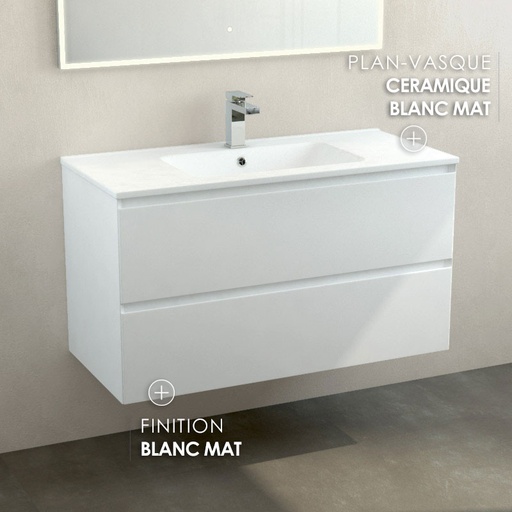 Meuble suspendu 100cm et plan vasque céramique, 2 tiroirs, blanc mat, One