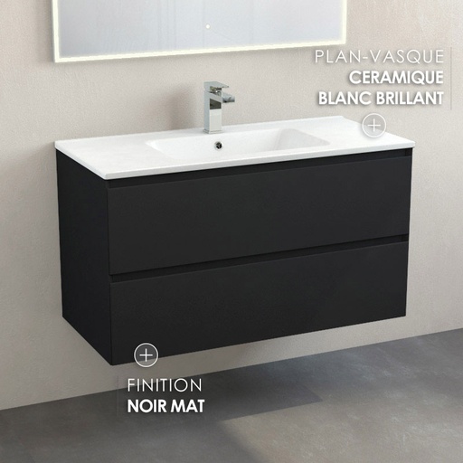 Meuble suspendu 100cm noir mat et plan vasque céramique blanc, One