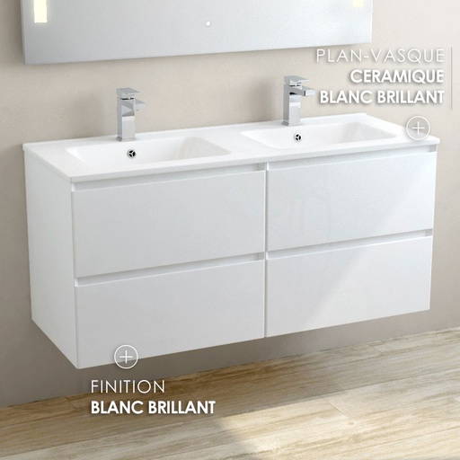 Meuble suspendu double vasque céramique 120 cm, blanc brillant, One