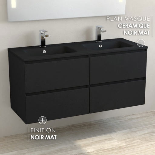 Meuble suspendu double vasque céramique noir mat 120 cm, noir mat, One
