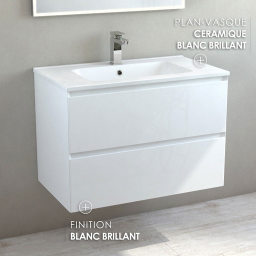 Meuble suspendu 80cm et plan vasque céramique, 2 tiroirs, blanc brillant, One