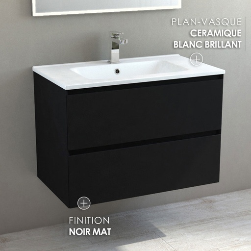 Meuble suspendu 80cm noir mat et plan vasque céramique blanc, One
