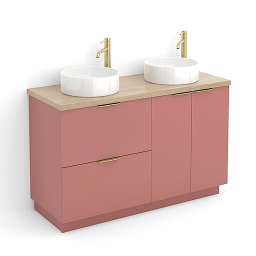Meuble 120 cm Rouge argile, plan aspect chêne clair, 2 tiroirs et 2 portes Alma
