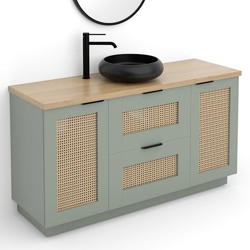 Meuble  Cannage en rotin, 140cm, Vert argile, plateau effet chêne clair, Alma