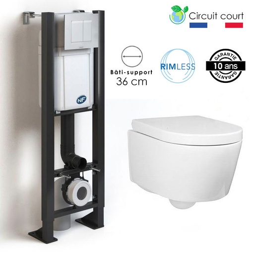 Bâti compact WIRQUIN + Plaque de déclenchement blanche + WC suspendu Alto Rimless - Pack WC suspendu