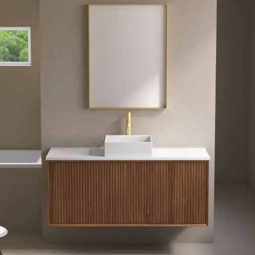 Meuble suspendu cannelé 120 cm, bois massif, 2 portes  avec plan composite minéral blanc satiné, Carnac