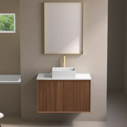 Meuble suspendu cannelé 80 cm, bois massif, 2 portes avec plan composite minéral blanc satiné, Carnac