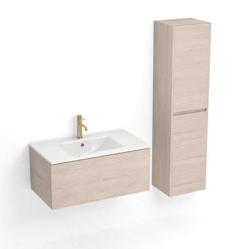 Meuble salle de bains 80cm et colonne assortie fresne clair, Caruso