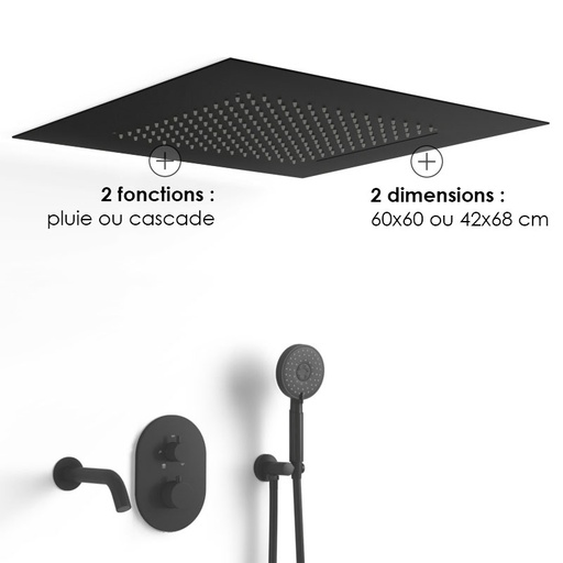 Composition bain-douche thermostatique avec ciel de pluie encastré noir mat, Châtelet