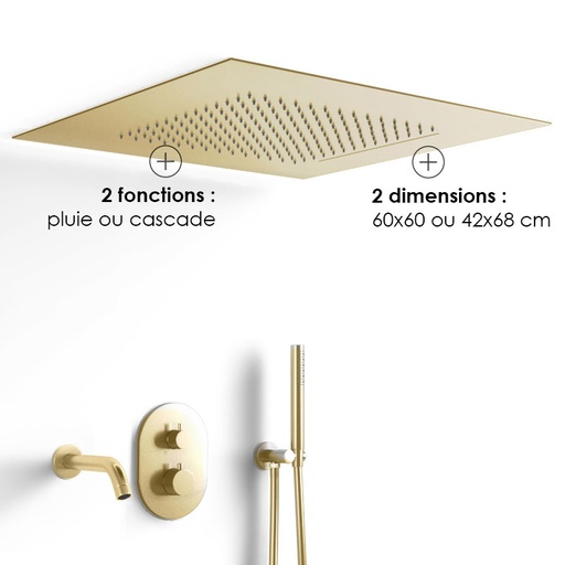 Composition bain-douche thermostatique avec ciel de pluie encastré doré brossé, Châtelet