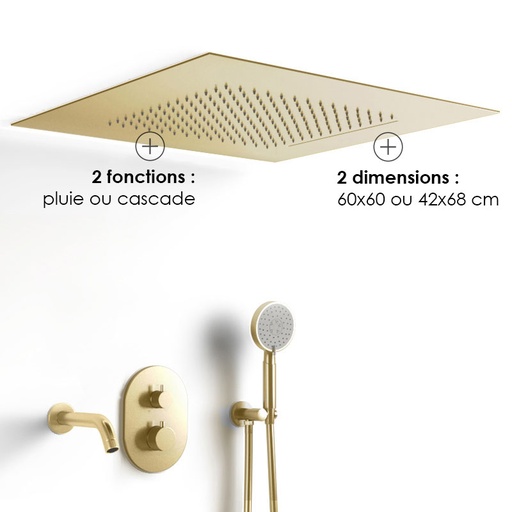 Composition bain-douche thermostatique avec ciel de pluie encastré doré brossé, Châtelet