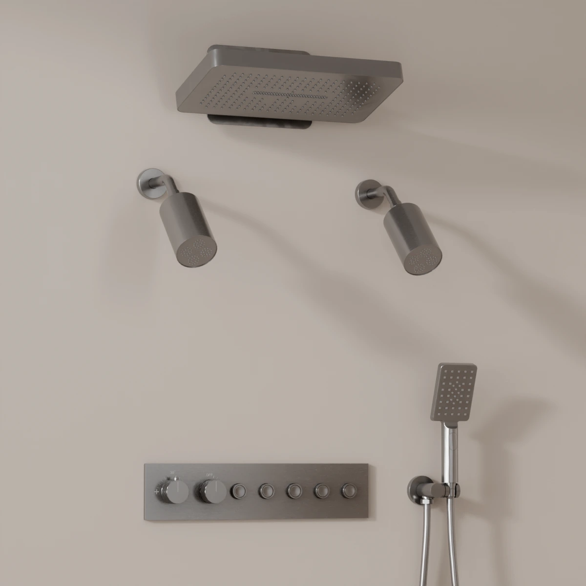 Douche thermostatique, ciel de douche carré et douches épaules, inox brossé Châtelet