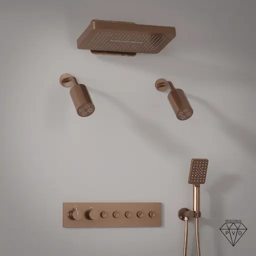 Douche thermostatique, ciel de douche carré et douches épaules, doré rose brossé Châtelet