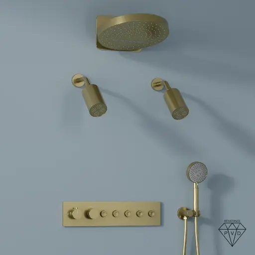 Douche thermostatique, ciel de douche ronde et douches épaules, doré brossé Châtelet