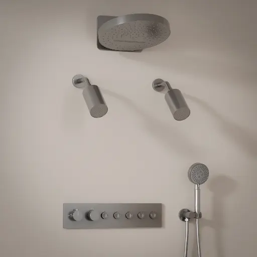 Douche thermostatique, ciel de douche rond et douches épaules, inox brossé Châtelet