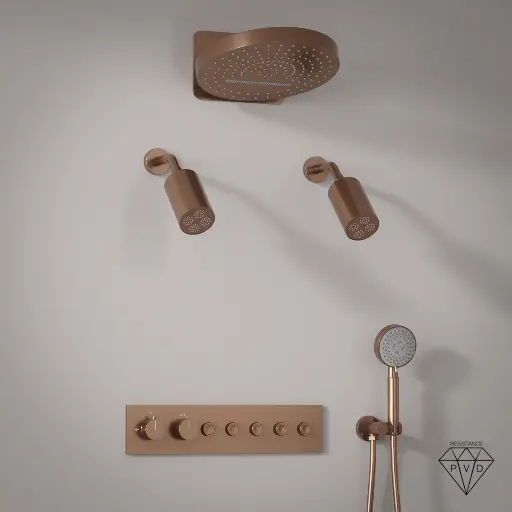 Douche thermostatique, ciel de douche ronde et douches épaules, doré rose brossé Châtelet