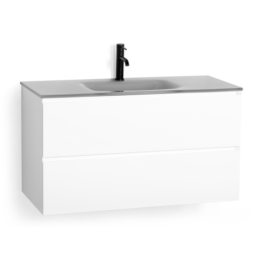 Meuble suspendu 100cm blanc mat et plan vasque verre gris 100 cm, One