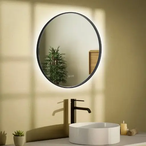 Miroir 80 cm éclairage Led frontal et rétroéclairé, Anti-buée Noir Mat, Prestige