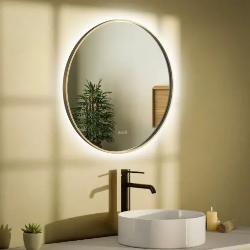 Miroir 80 cm éclairage Led frontal et rétroéclairé, Anti-buée Doré Mat, Prestige