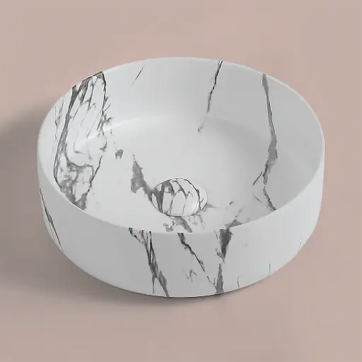 Vasque à poser effet marbre calacatta ronde, 37.5x13.5, Clea  