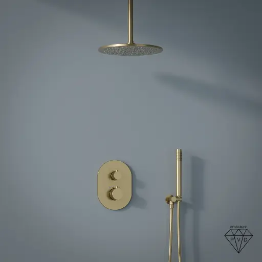 Composition mitigeur de douche thermostatique encastré doré brossé, bras plafond, Châtelet 