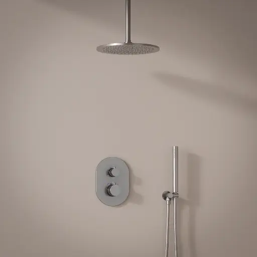 Composition mitigeur de douche thermostatique encastré inox brossé, bras plafond Châtelet 