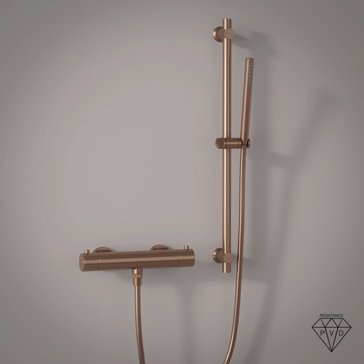 Mitigeur douche Thermostatique externe, barre et douchette tube, Doré Rose brossé, Chatelet  