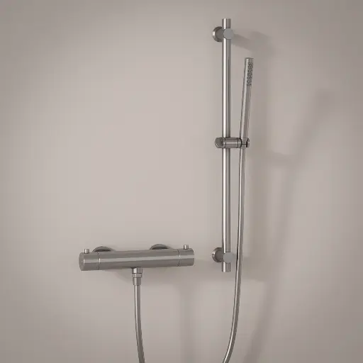 Mitigeur douche Thermostatique externe, barre et douchette tube, Inox brossé, Chatelet 
