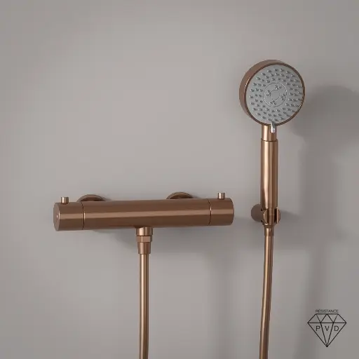 Mitigeur douche Thermostatique externe, support et douchette ronde, Doré Rose brossé, Chatelet